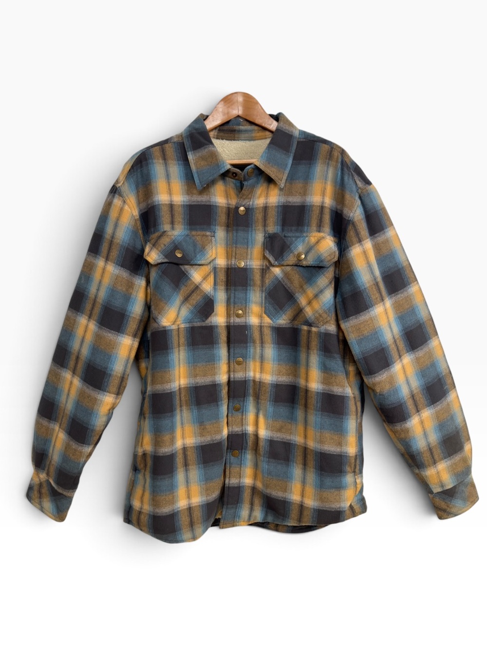 CQR Men’s Sherpa Lined Plaid Flannel Shirt Jacket Shacket Blue Tan Size Large